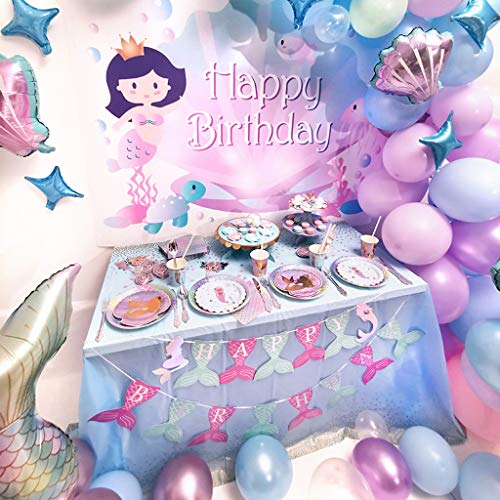 Amycute 87 pcs Sirena Globo Morado Azul de Látex de Colores Globo de Papel de Aluminio Sirena de Cola para Temas del Bajo el Mar Niñas Cumpleaños Baby Shower Bodas Decoración