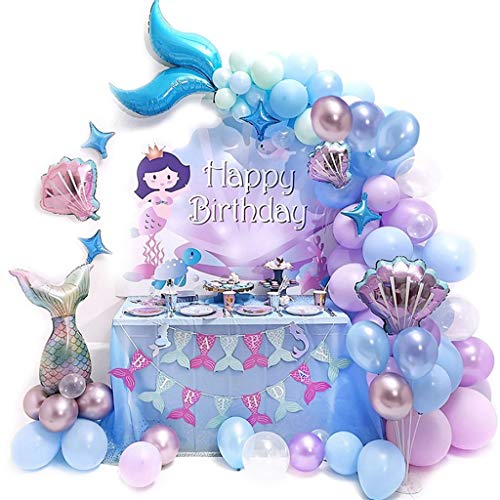 Amycute 87 pcs Sirena Globo Morado Azul de Látex de Colores Globo de Papel de Aluminio Sirena de Cola para Temas del Bajo el Mar Niñas Cumpleaños Baby Shower Bodas Decoración