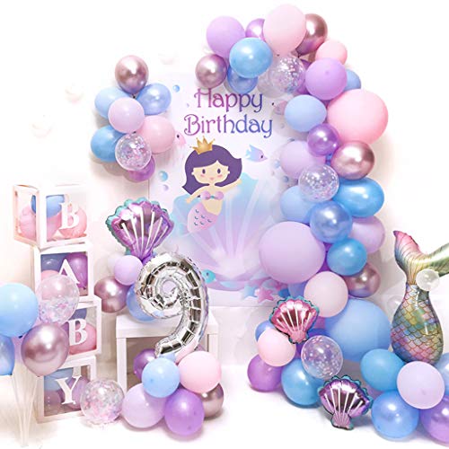 Amycute 87 pcs Sirena Globo Morado Azul de Látex de Colores Globo de Papel de Aluminio Sirena de Cola para Temas del Bajo el Mar Niñas Cumpleaños Baby Shower Bodas Decoración