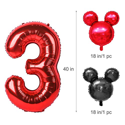 Amycute Decoración de Fiesta Mickey Mouse Cumpleaños, Banner de Happy Birthday Globos de Latex Negro Rojo, Globo de Papel de Aluminio de Número 3 para Fiesta Temática de Mickey Cumpleaños