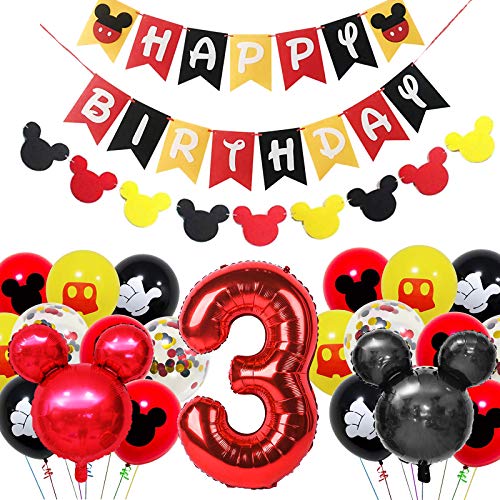 Amycute Decoración de Fiesta Mickey Mouse Cumpleaños, Banner de Happy Birthday Globos de Latex Negro Rojo, Globo de Papel de Aluminio de Número 3 para Fiesta Temática de Mickey Cumpleaños