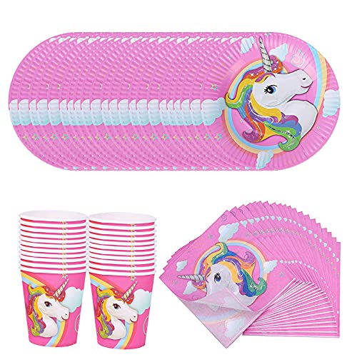 Amycute Juego de 80 accesorios de fiesta de unicornio arcoíris con platos, vasos, servilletas, tenedores para niños, regalo de cumpleaños, cumpleaños infantiles, decoración de fiestas.