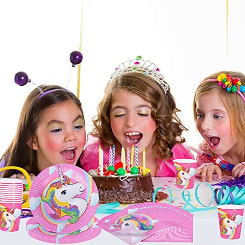 Amycute Juego de 80 accesorios de fiesta de unicornio arcoíris con platos, vasos, servilletas, tenedores para niños, regalo de cumpleaños, cumpleaños infantiles, decoración de fiestas.