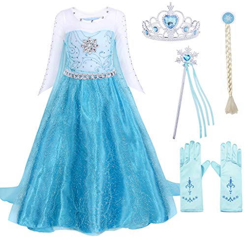 AmzBarley Disfraz Niña Princesa Reina de Nieve Elsa Vestido Niña Fiesta Capa Accesorios Cosplay Halloween Carnaval Cumpleaños Regalo Azul 01 3-4 Años 110