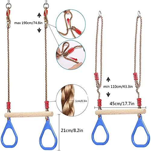 Anillas de gimnasia trapezoidal,columpio 2 en 1, Trapecio para niños con Anillos,Anillas Gimnasia, Columpios de Cadena de Alta Resistencia,Soporta hasta 120 kg (Azul)