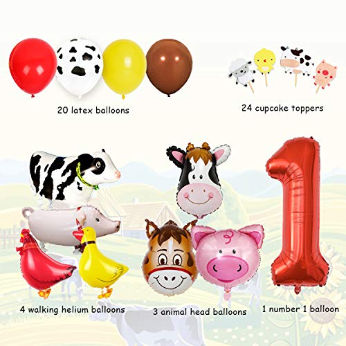 Animales de granja Decoraciones de cumpleaños para el corral Suministros para fiestas de animales Niños Niñas Primer cumpleaños con adornos para tortas Animales de granja Globos para caminar