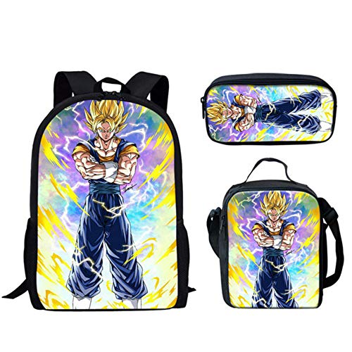 Anime Dragon Ball Z Bolso de Hombro Mochila Escolar Son Goku con Caja de Almuerzo, Juego de bolígrafo, Bolsas primarias para niños