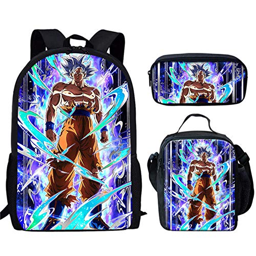 Anime Dragon Ball Z Bolso de Hombro Mochila Escolar Son Goku con Caja de Almuerzo, Juego de bolígrafo, Bolsas primarias para niños