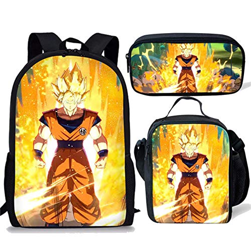 Anime Dragon Ball Z Bolso de Hombro Mochila Escolar Son Goku con Caja de Almuerzo, Juego de bolígrafo, Bolsas primarias para niños