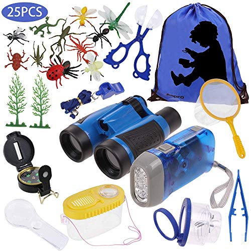 Anpro 25 en 1 Juguetes para Exploraciones de Naturaleza Aventurera para Niños, Aventuras al Aire Libre para Niños, Binoculares, Silbato, Lupa, Brújula, Regalo para Niños (Azul)