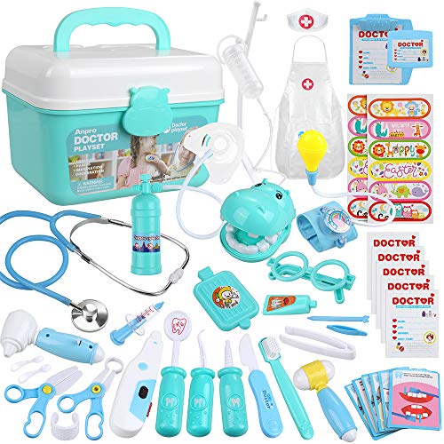 Anpro 46 pcs Kit Maletin de Doctor y Enfermera,Juegos de Niños,Kit de Dentista con Estetoscopio y Abrigo,Regalo para Niños en Fiestas,Cumpleaños,Navidad, Juego de Roles del Doctor