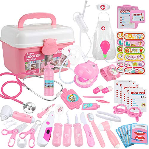 Anpro 46pcs Kit Maletin de Doctor y Enfermera,Juegos de Niños,Kit de Dentista con Estetoscopio y Abrigo,Regalo para Niños en Fiestas,Cumpleaños,Navidad, Juego de Roles del Doctor