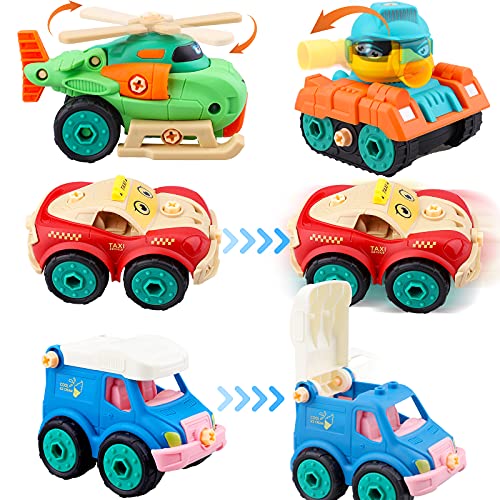 aovowog Coches de Juguetes Camion Juguete Vehículos de Construcción,4 In 1 Ensamblarde Juguetes Bebe Tractores Avión Juguete con Destornillador,Regalos para Niños