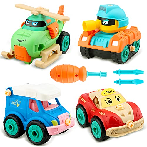 aovowog Coches de Juguetes Camion Juguete Vehículos de Construcción,4 In 1 Ensamblarde Juguetes Bebe Tractores Avión Juguete con Destornillador,Regalos para Niños