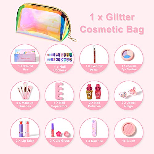 ARANEE 21PCS Juego de Maquillaje para niños para niñas, Kit de Juguete de Maquillaje Lavable con Bolsa de cosméticos con Purpurina