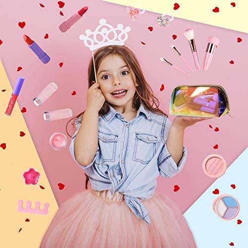 ARANEE 21PCS Juego de Maquillaje para niños para niñas, Kit de Juguete de Maquillaje Lavable con Bolsa de cosméticos con Purpurina