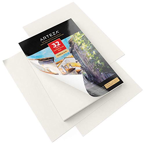 Arteza Bloc de acuarelas, A4 21x29,7 cm, 32 hojas de papel blanco de 300 gramos prensado en frío sin ácidos, encuadrenado con cola, perfecto para pinturas de agua, medios secos y mixtos