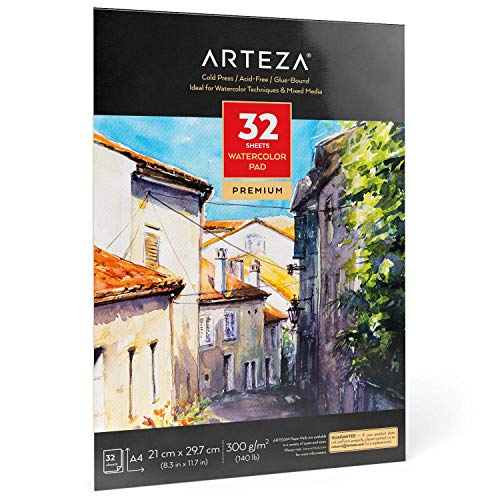 Arteza Bloc de acuarelas, A4 21x29,7 cm, 32 hojas de papel blanco de 300 gramos prensado en frío sin ácidos, encuadrenado con cola, perfecto para pinturas de agua, medios secos y mixtos