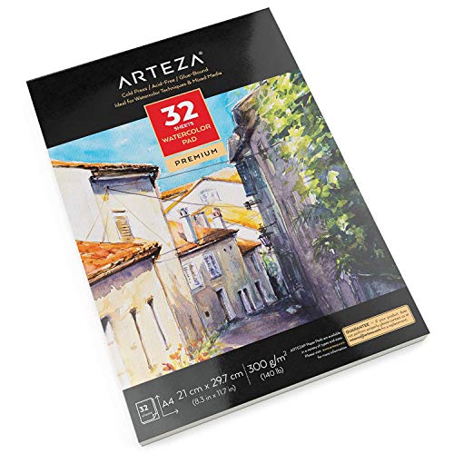 Arteza Bloc de acuarelas, A4 21x29,7 cm, 32 hojas de papel blanco de 300 gramos prensado en frío sin ácidos, encuadrenado con cola, perfecto para pinturas de agua, medios secos y mixtos