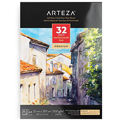 Arteza Bloc de acuarelas, A4 21x29,7 cm, 32 hojas de papel blanco de 300 gramos prensado en frío sin ácidos, encuadrenado con cola, perfecto para pinturas de agua, medios secos y mixtos