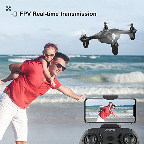 ATOYX Mini Drone con Cámara para Niños , AT-96 RC Quadcopter con App FPV en Tiempo Real, Drone de Juguete para Niños/Principiantes,Sensor de Gravedad, 3D Flips, Tecla de Despegue/Aterrizaje,Negro