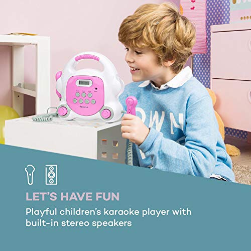 auna Pocket Rocker BT - Equipo de Karaoke, Conectividad Bluetooth, 2 micrófonos de Mano, Puerto USB para Reproducir MP3, Pantalla LCD, Conector AUX, Asa, Enchufado o con batería, Fucsia