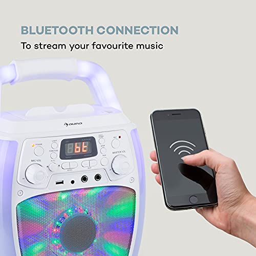 auna StarMaker Plus - Equipo de Karaoke, Bluetooth, USB, 2 x 6,3 mm para micrófono, AUX, Función Eco, Función de grabación, Reproductor CD, Salida de Audio y vídeo RCA, Programable, Pantalla LC