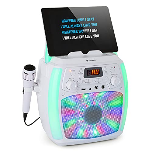 auna StarMaker Plus - Equipo de Karaoke, Bluetooth, USB, 2 x 6,3 mm para micrófono, AUX, Función Eco, Función de grabación, Reproductor CD, Salida de Audio y vídeo RCA, Programable, Pantalla LC