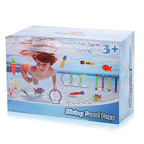 Auney Juguete de Buceo, Juguete de Piscina para Niños 26pcs, Anillos de Buceo Palos de Buceo Juguete Acuático de Natación