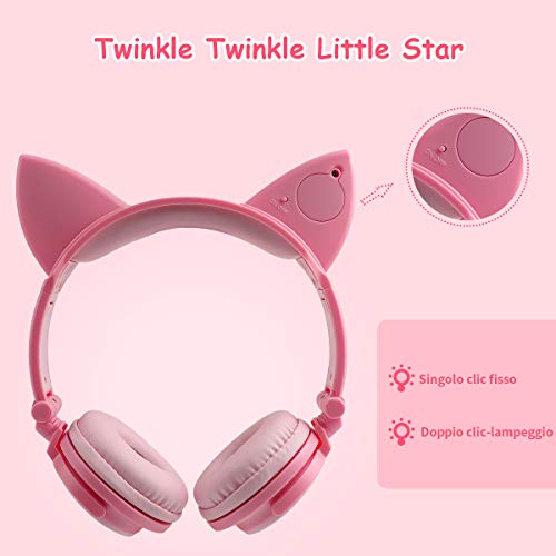 Auriculares para niños, orejera superior con orejas de gato incandescente de LED, Cat Ear Headphone cableado, 85dB Volume, Kids Auriculares inspirados en el gato para niñas (rosa)