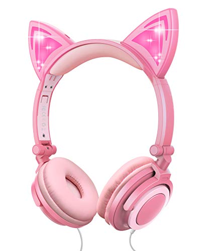 Auriculares para niños, orejera superior con orejas de gato incandescente de LED, Cat Ear Headphone cableado, 85dB Volume, Kids Auriculares inspirados en el gato para niñas (rosa)