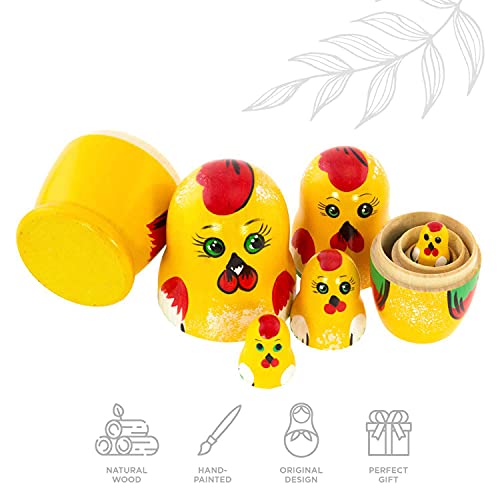 Azhna 5 piezas de animales familia anidación muñeca recuerdo Matryoshka colección decoración del hogar pintado a mano muñeca rusa 4 pulgadas muñeca apilable madera (amarillo)