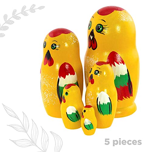 Azhna 5 piezas de animales familia anidación muñeca recuerdo Matryoshka colección decoración del hogar pintado a mano muñeca rusa 4 pulgadas muñeca apilable madera (amarillo)