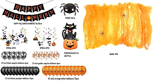 Baanuse Halloween Globos Set, Happy Halloween Banner Decoraciones, Incluye Calabaza Fantasma Araña Bruja Gato Negro, Globo de Látex, Globo de Aluminio, Fiesta Festival Decoración