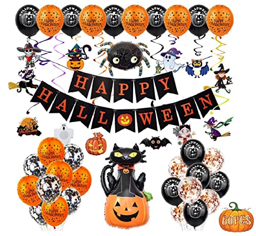 Baanuse Halloween Globos Set, Happy Halloween Banner Decoraciones, Incluye Calabaza Fantasma Araña Bruja Gato Negro, Globo de Látex, Globo de Aluminio, Fiesta Festival Decoración