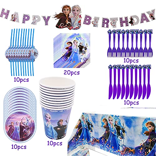 Babioms 72Pcs Fiesta de cumpleaños Vajilla, Plato, Servilleta de Papel, Cuchillo, Tenedor, Taza, Mantel, Pajas, Banderín, Vajilla de Fiesta - 10 personas