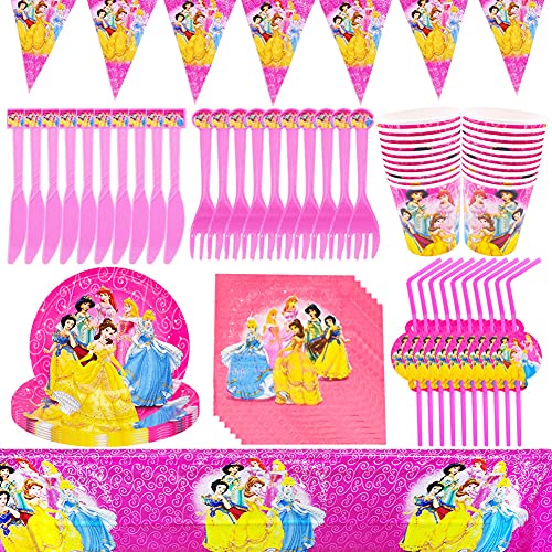 Babioms Vajilla de fiesta de cumpleaños,72 piezas Princess Vajilla de Fiesta,Vajilla Fiesta Infantil, Platos de fiesta temáticos de princesa, servilletas, manteles, vasos de papel, paja,pancartas