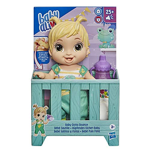 Baby Alive Baby Gotta Bounce Doll, Frog Outfit, rebota con más de 25 SFX y Risas, Bebidas y mojadas, Juguete de Pelo Rubio para niños a Partir de 3 años