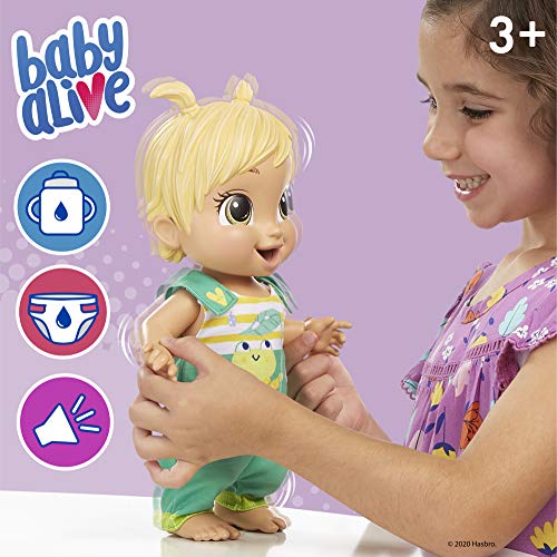 Baby Alive Baby Gotta Bounce Doll, Frog Outfit, rebota con más de 25 SFX y Risas, Bebidas y mojadas, Juguete de Pelo Rubio para niños a Partir de 3 años