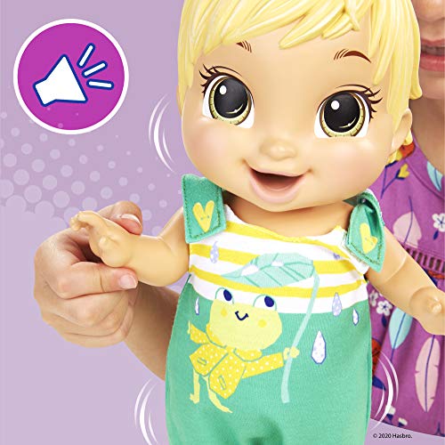 Baby Alive Baby Gotta Bounce Doll, Frog Outfit, rebota con más de 25 SFX y Risas, Bebidas y mojadas, Juguete de Pelo Rubio para niños a Partir de 3 años