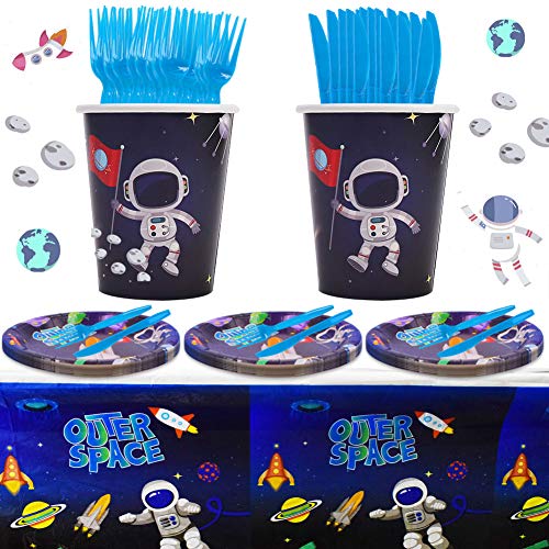 BAIBEI Juego de fiesta de cumpleaños - juego de accesorios para fiesta de vajilla de astronauta BAIBEI que incluye platos, pajitas, mantel, tenedor y cuchillo