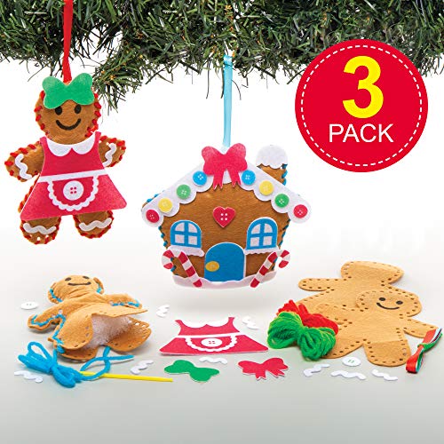 Baker Ross Kits Costura Decoración Pan de jengibre (Pack de 3) para manualidades y decoraciones navideñas