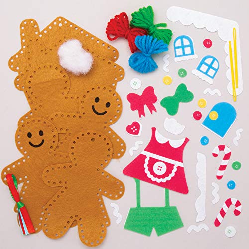 Baker Ross Kits Costura Decoración Pan de jengibre (Pack de 3) para manualidades y decoraciones navideñas