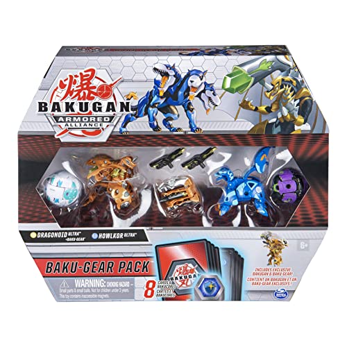 Bakugan Baku-Gear Pack con 4 Armored Alliance Bakugan (Ultra Aurelus Dragonoid, Ultra Aquos Howlkor, Basic Haos Pegatrix, Basic Darkus Hydorous) y 1 Juego de Herramientas Baku-Gear