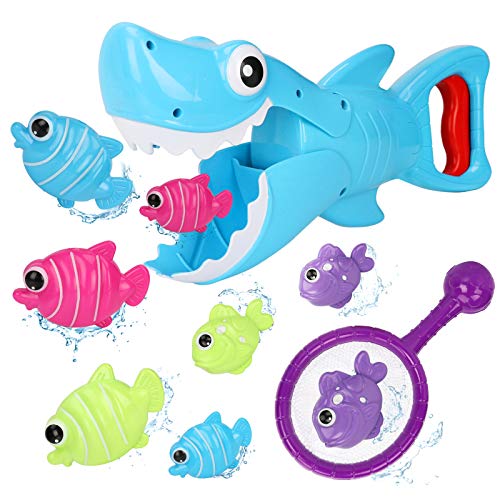 Bammax Juguetes Bañera, 10 pcs Peces Marinos Juguetes de Baño Bebe, Plastico Juego de Ducha Bebe, Juego de Pesca Piscina Niños, un Tiburón Blanco Capturador, 8 Peces Pequeños y una Red de Pesca