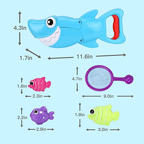 Bammax Juguetes Bañera, 10 pcs Peces Marinos Juguetes de Baño Bebe, Plastico Juego de Ducha Bebe, Juego de Pesca Piscina Niños, un Tiburón Blanco Capturador, 8 Peces Pequeños y una Red de Pesca