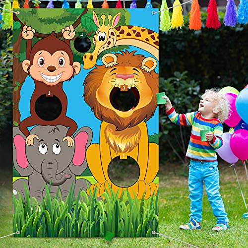 Banner de Juego de Lanzamiento de Animales de Safari con Bolsas de Frijoles Fondo de Animales Salvajes de Selva Fondo de Foto de Animales de Zoológico Juego Divertido para Niños Cumpleaños