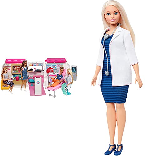 Barbie Ambulancia Hospital 2 En 1, Accesorios De Muñecas (Mattel Frm19) + Quiero Ser Doctora, Muñeca con Accesorios (Mattel Fxp00) , Color/Modelo Surtido