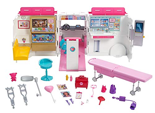 Barbie Ambulancia Hospital 2 En 1, Accesorios De Muñecas (Mattel Frm19) + Quiero Ser Muñeca Veterinaria Morena con Bata Médica, Y Gatito como Paciente (Mattel Gjl63)