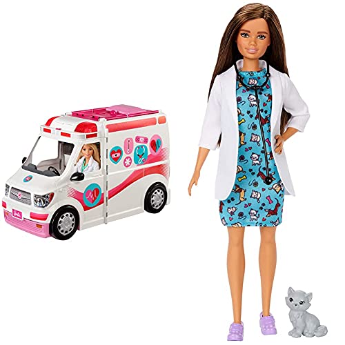 Barbie Ambulancia Hospital 2 En 1, Accesorios De Muñecas (Mattel Frm19) + Quiero Ser Muñeca Veterinaria Morena con Bata Médica, Y Gatito como Paciente (Mattel Gjl63)